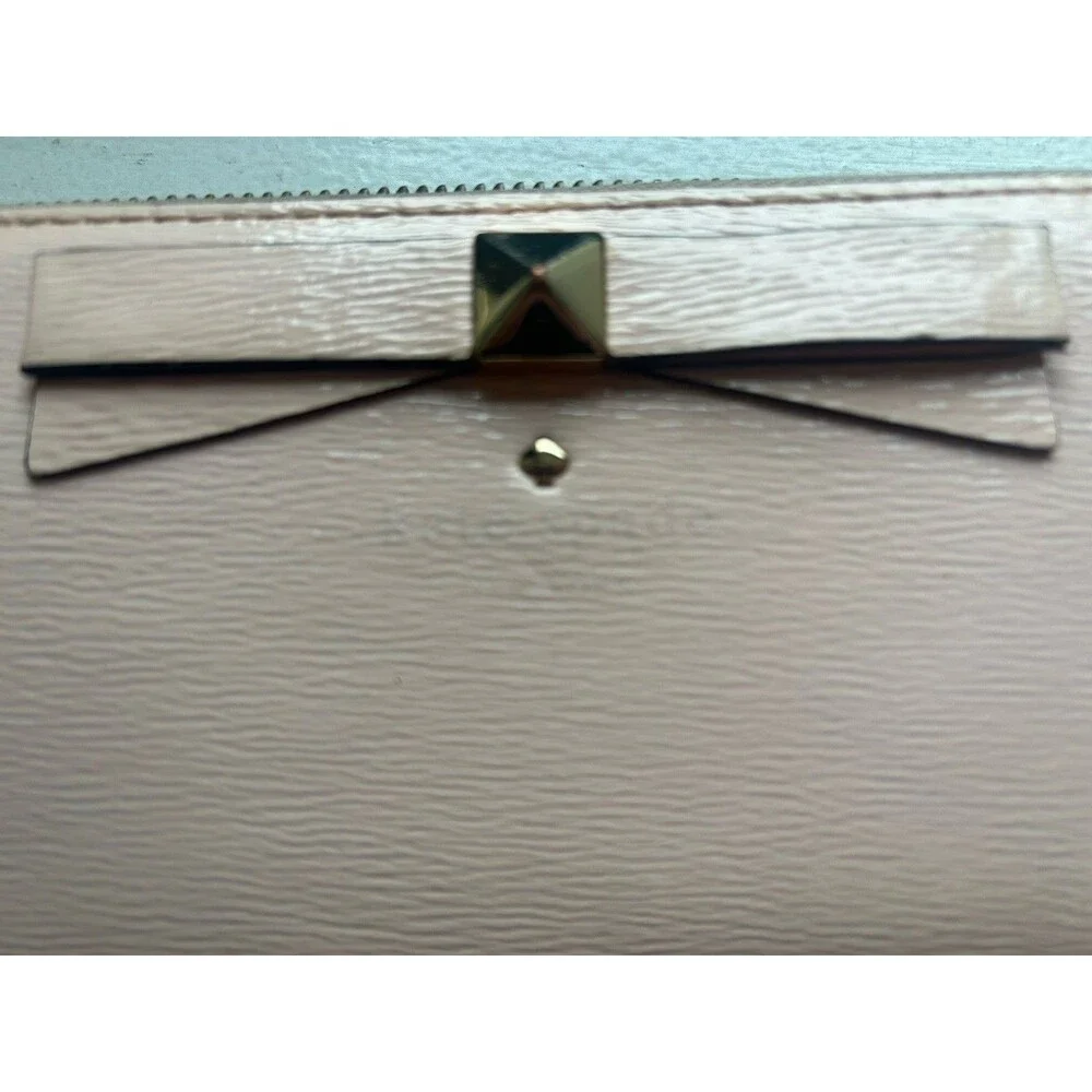 Kate Spade Bow Zip Around Wallet Blush Pink Hatched Leather Clutch Gold Tone